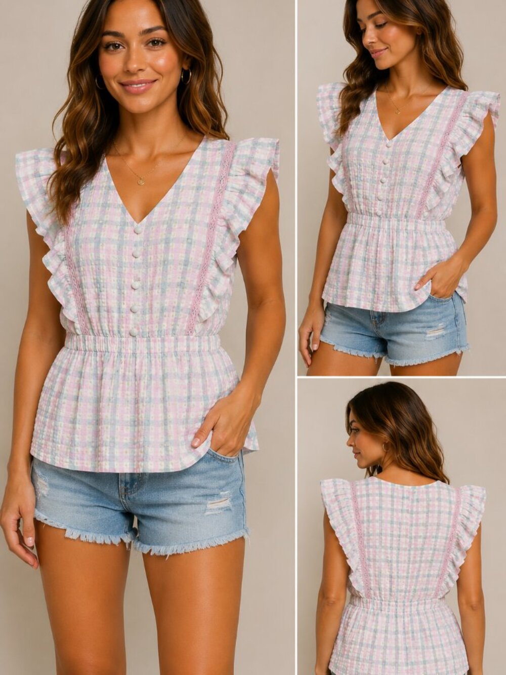 Women’s Pink & White Plaid Ruffle Blouse Top Size M